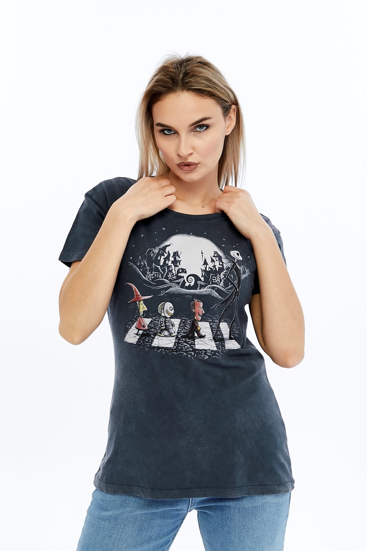 Acid Washed Night Before Christmas Printed Cotton Women T-shirt