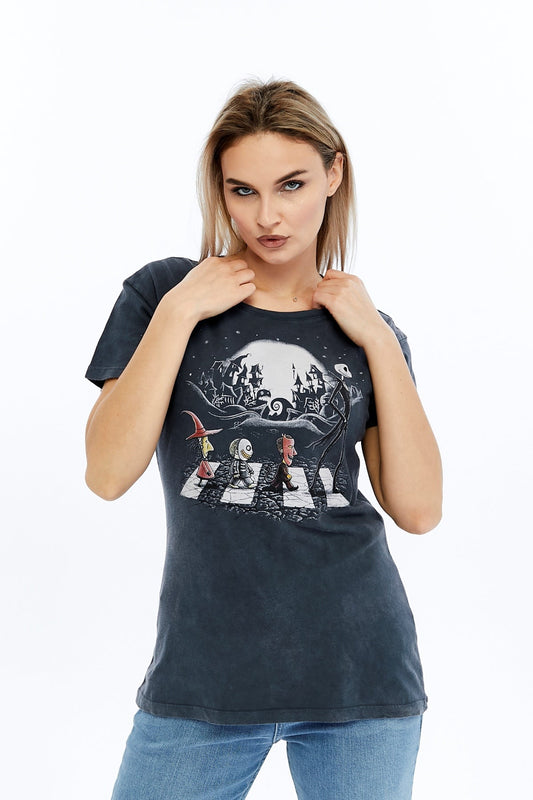 Acid Washed Night Before Christmas Printed Cotton Women T-shirt