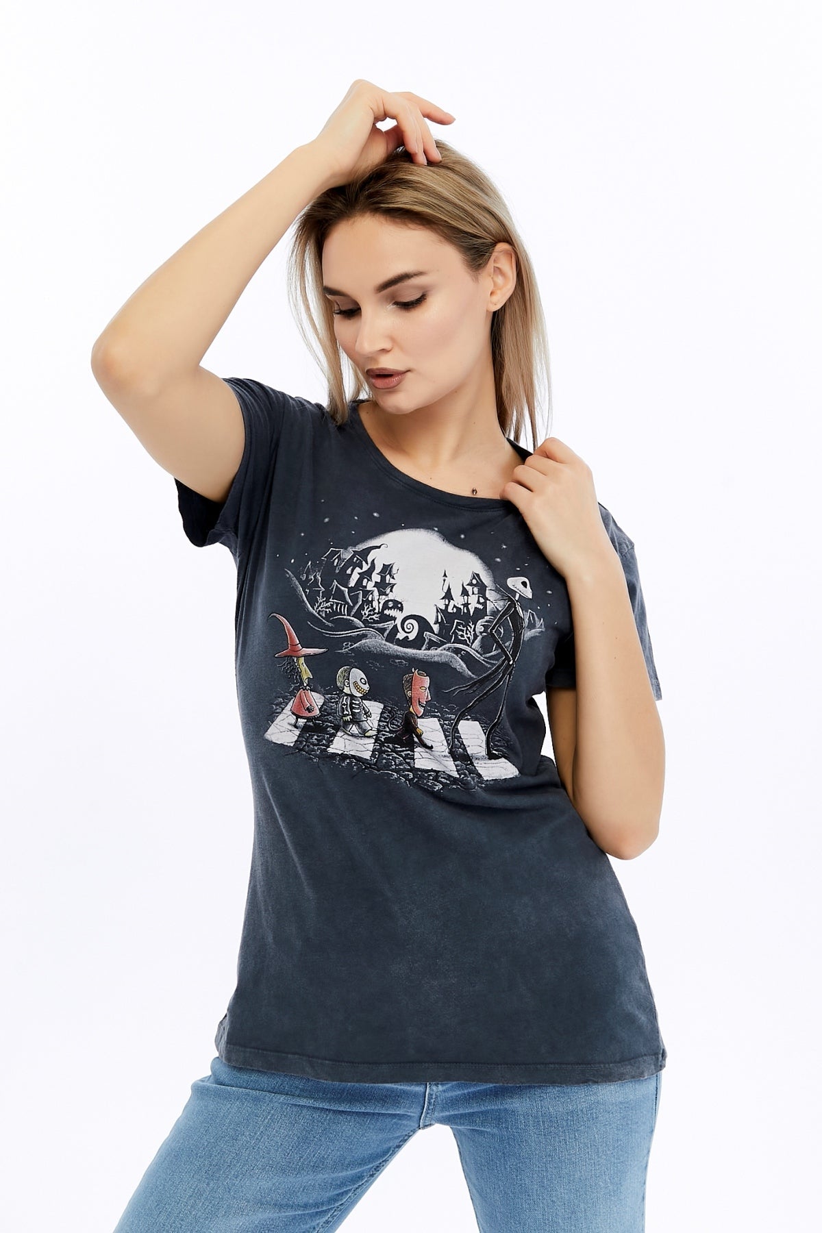Acid Washed Night Before Christmas Printed Cotton Women T-shirt