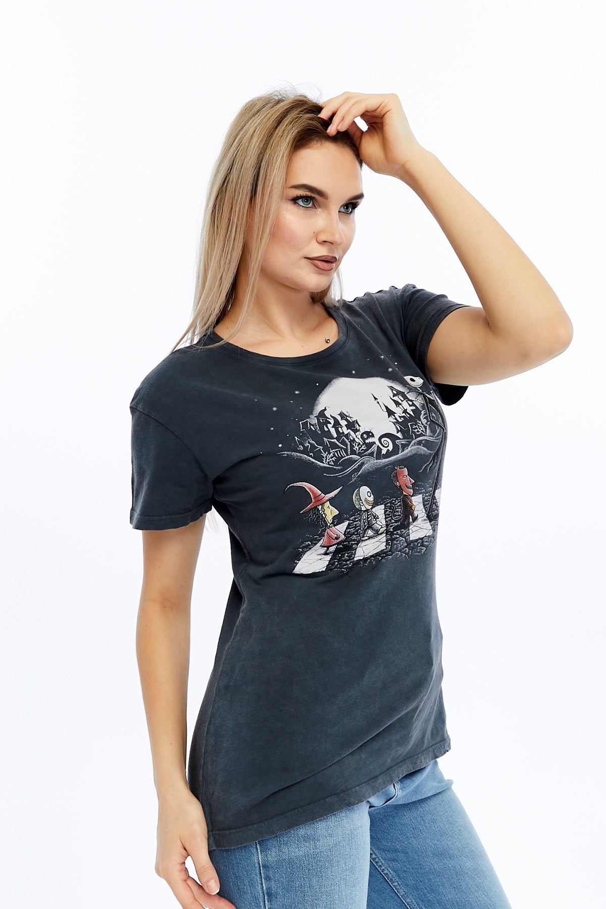 Acid Washed Night Before Christmas Printed Cotton Women T-shirt