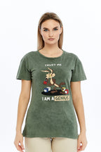 Acid Washed Trust Me I'M Genius  Printed Cotton Women T-shirt