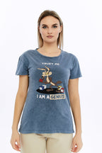 Acid Washed Trust Me I'M Genius  Printed Cotton Women T-shirt