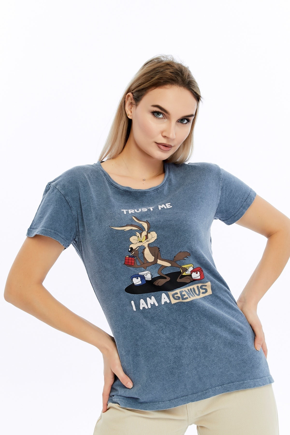 Acid Washed Trust Me I'M Genius  Printed Cotton Women T-shirt