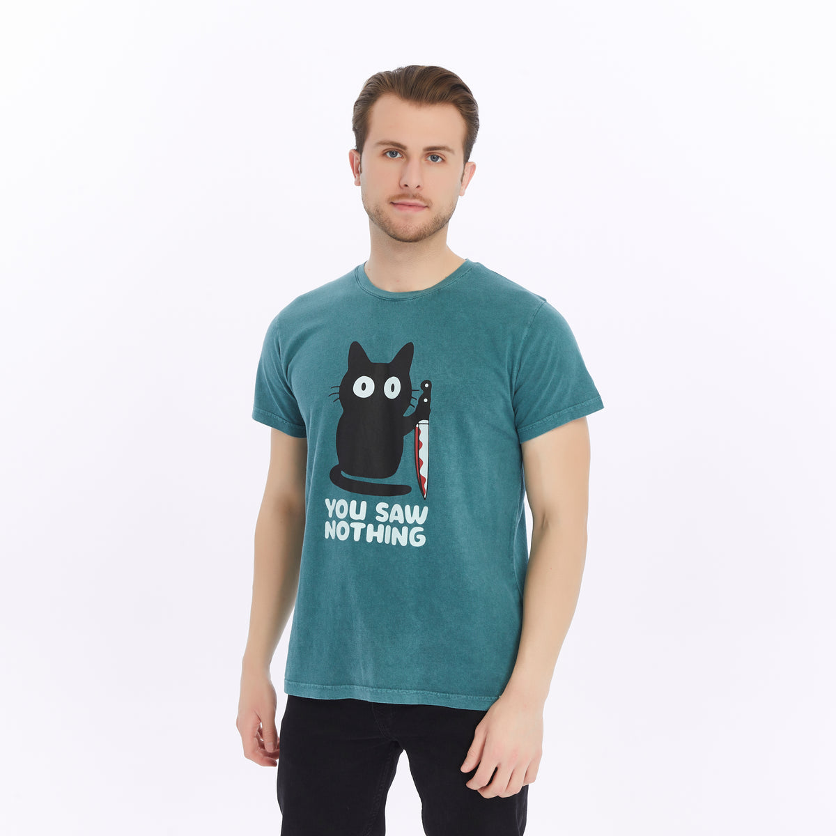 Acid Washed  YOU SAW NOTHING CAT  Printed Cotton  T-shirt