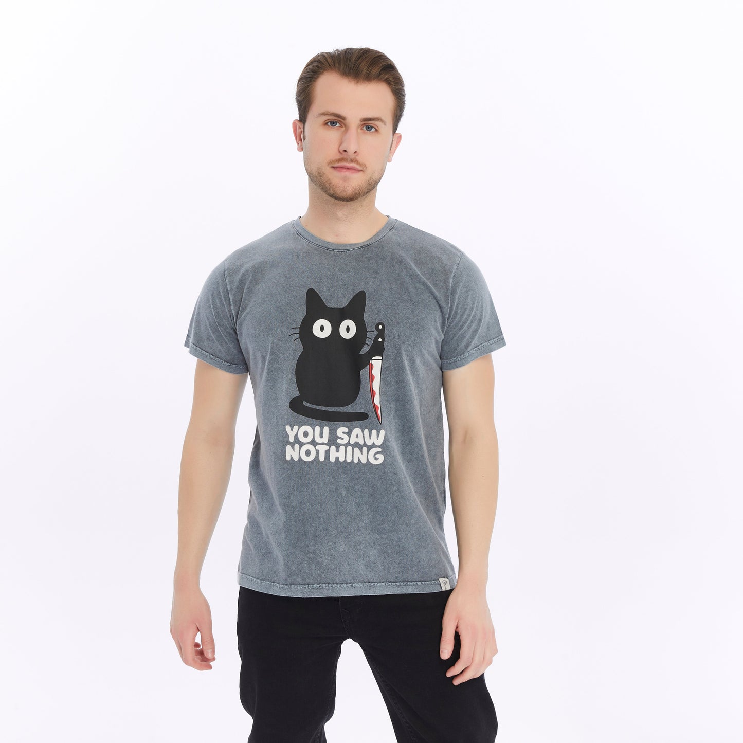 Stone Washed Effect YOU SAW NOTHING CAT  Printed Cotton  T-shirt