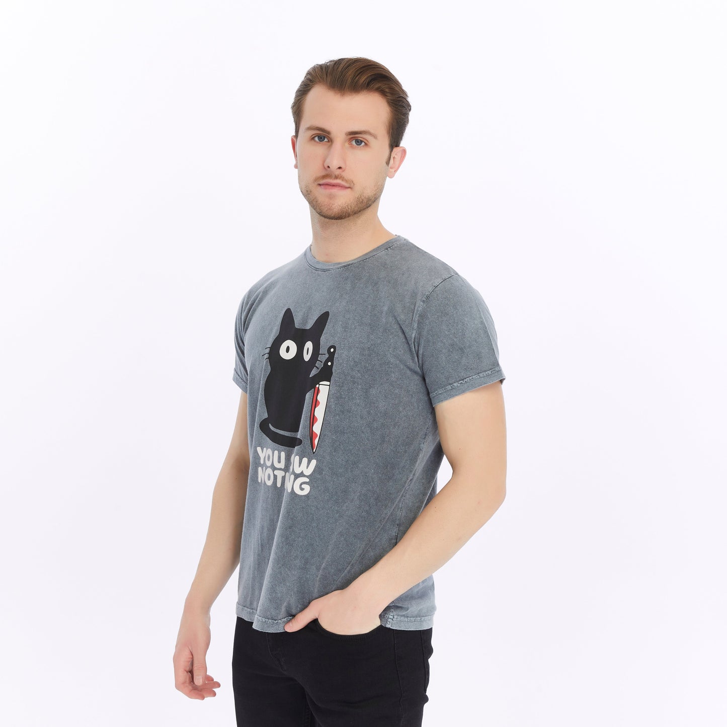 Stone Washed Effect YOU SAW NOTHING CAT  Printed Cotton  T-shirt