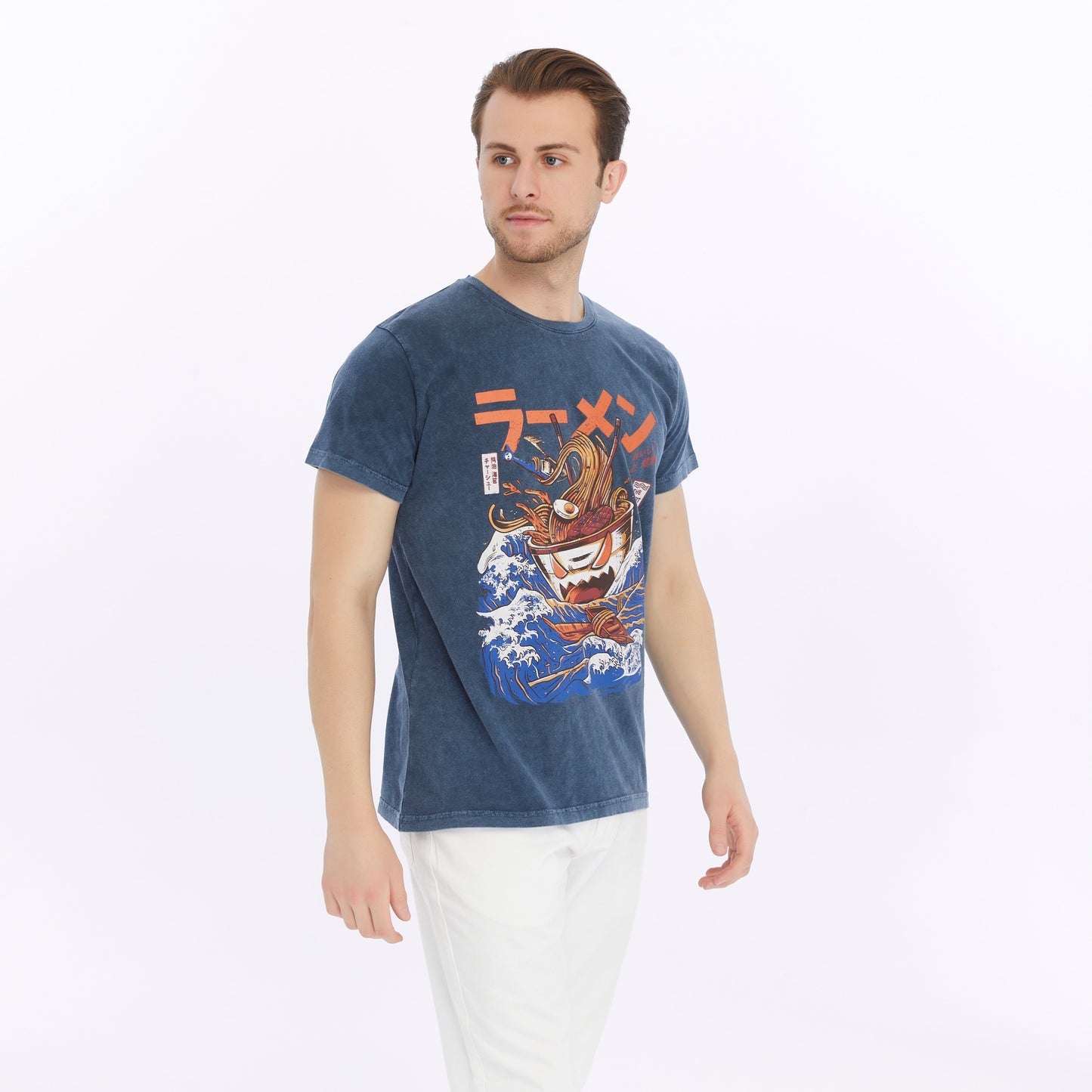 Stone Washed Effect GREAT RAMEN   Printed Cotton  T-shirt