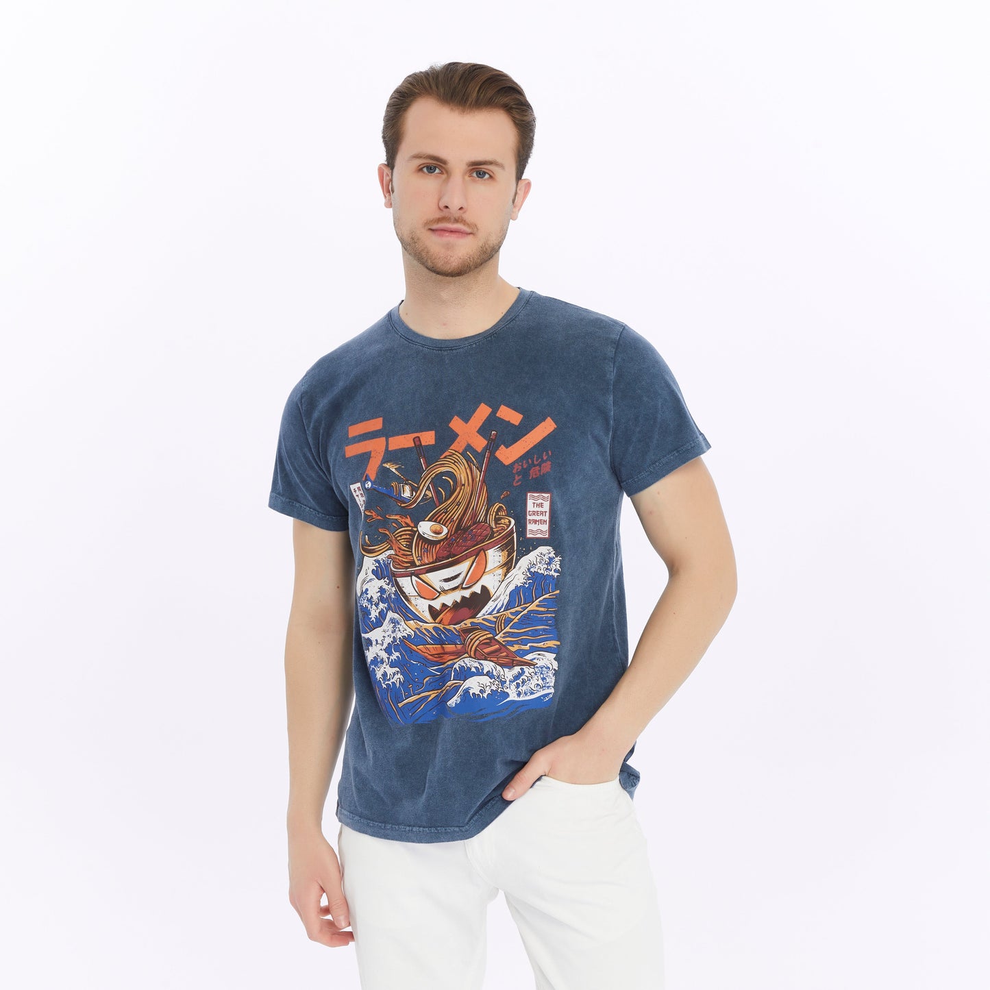 Stone Washed Effect GREAT RAMEN   Printed Cotton  T-shirt