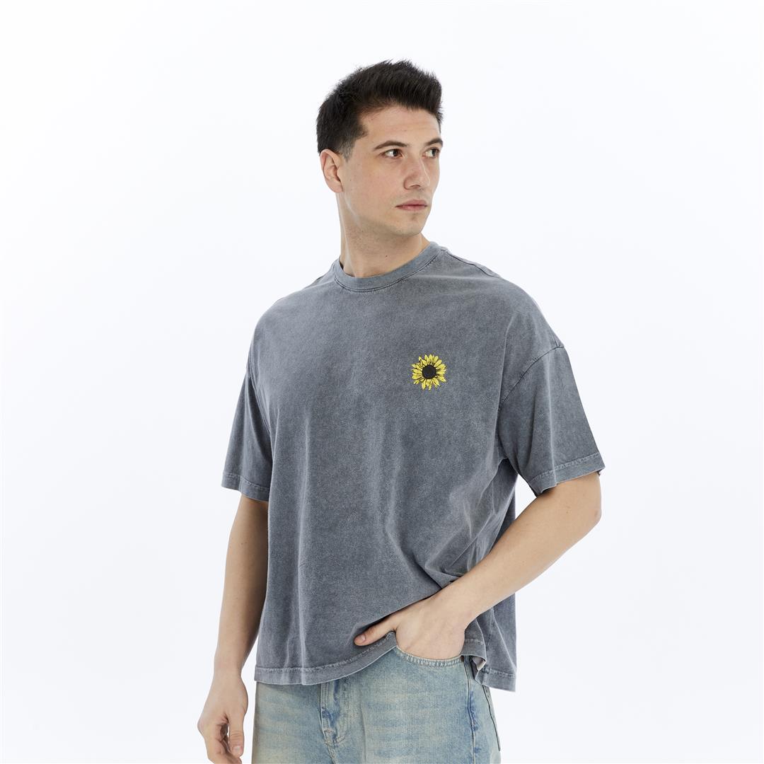 Stone Washed Effect Sunflower Skeleton Baggy Men's Cotton T-shirt
