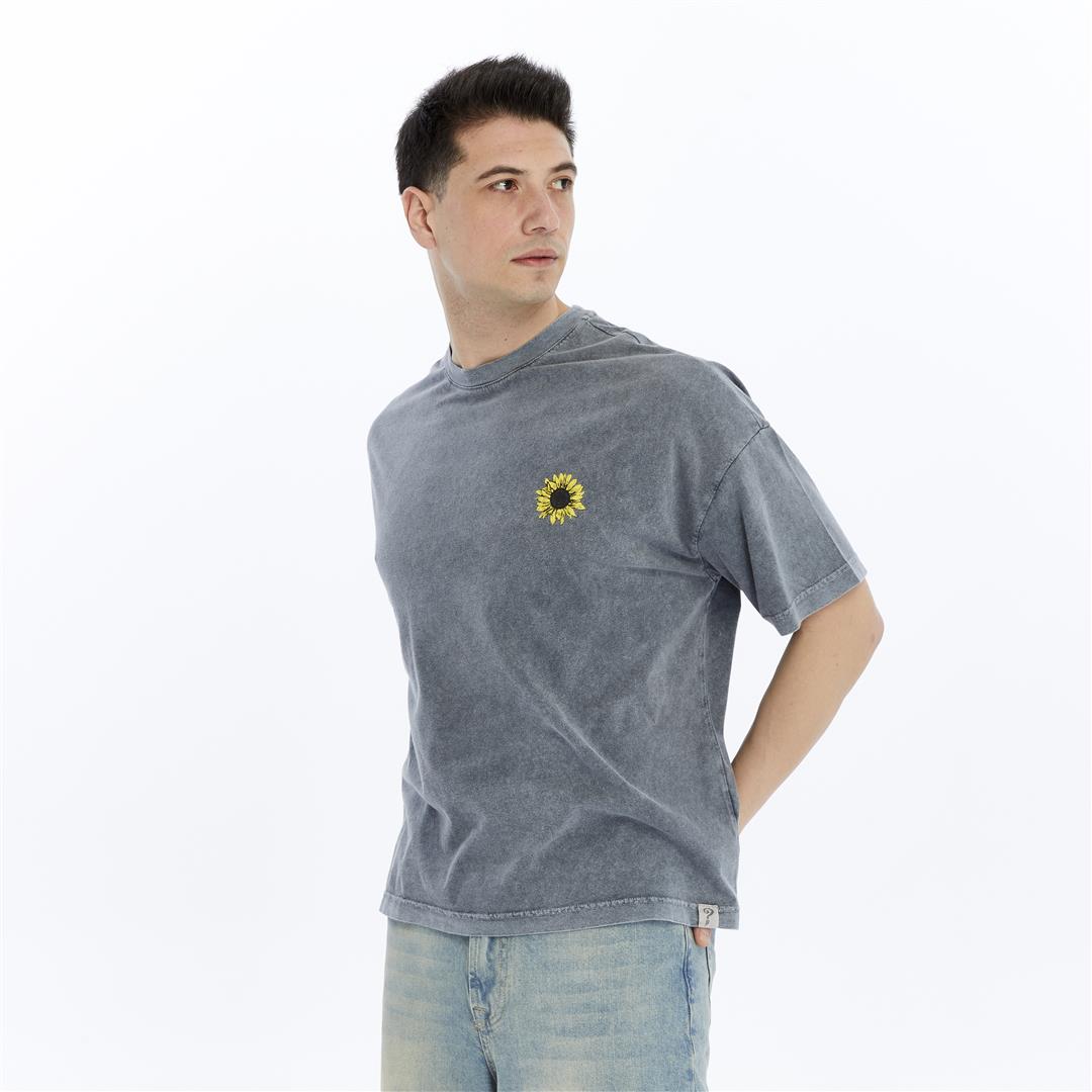 Stone Washed Effect Sunflower Skeleton Baggy Men's Cotton T-shirt