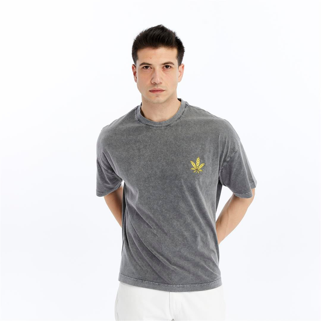 Stone Washed Effect Weed Skull Printed Baggy T-shirt
