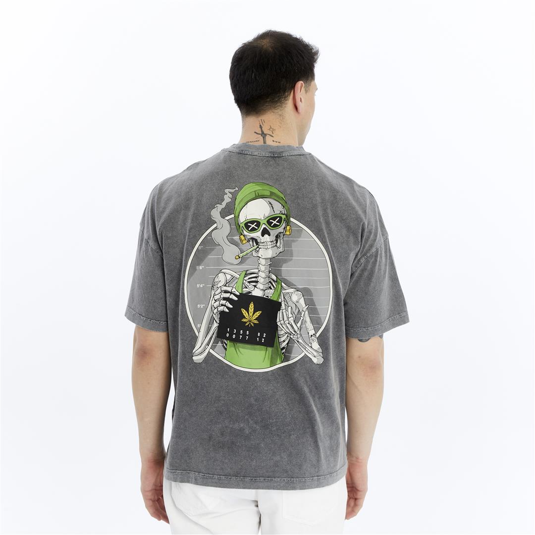Stone Washed Effect Weed Skull Printed Baggy T-shirt