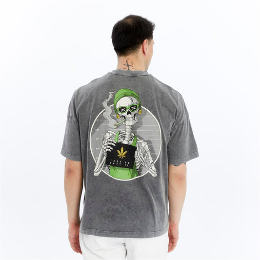 Stone Washed Effect Weed Skull Printed Baggy T-shirt