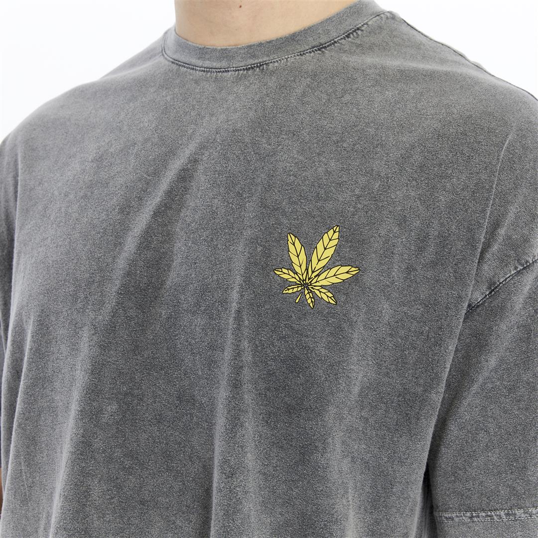 Stone Washed Effect Weed Skull Printed Baggy T-shirt