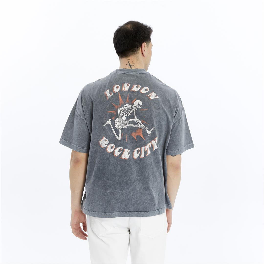 Stone Washed Effect Rock City Back & Front Printed Baggy T-shirt
