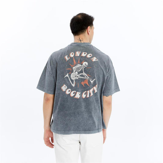 Stone Washed Effect Rock City Back & Front Printed Baggy T-shirt