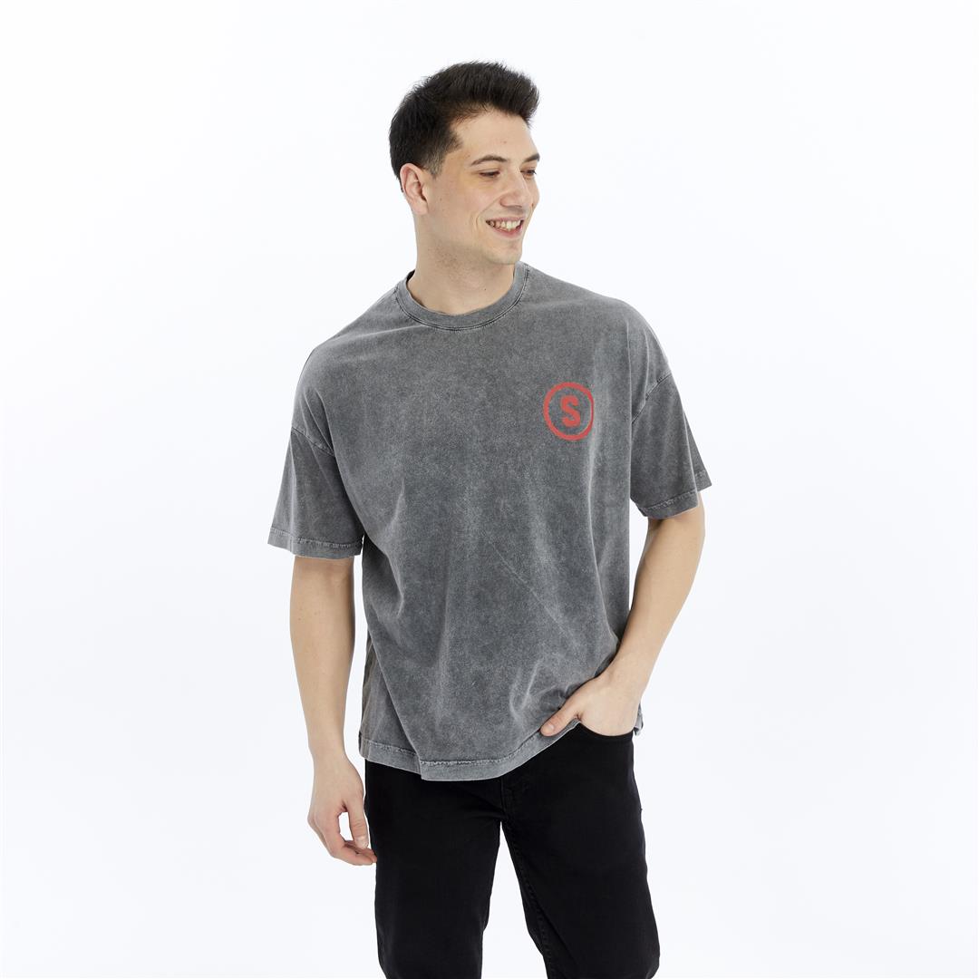 Stone Washed Effect Weed Skull Printed Baggy T-shirt