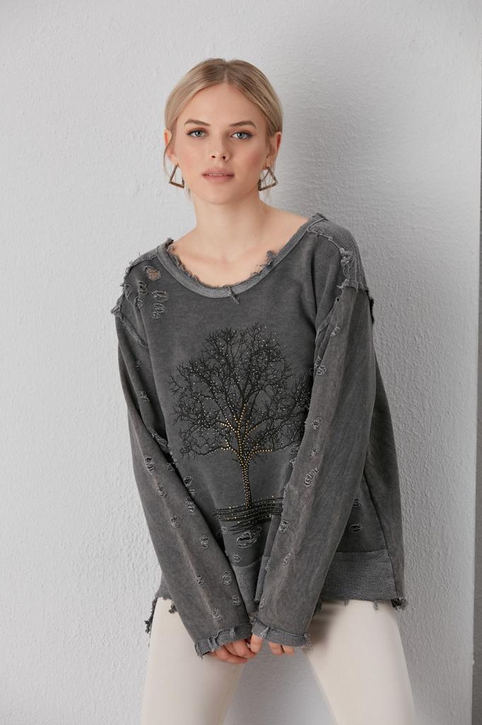 Stone Washed Tree Of Life  Cotton Women Sweatshirt