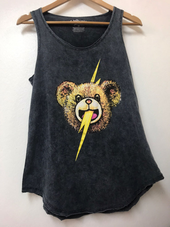 Anthracite Stone Washed Flash Bear Printed Cotton Women Vest