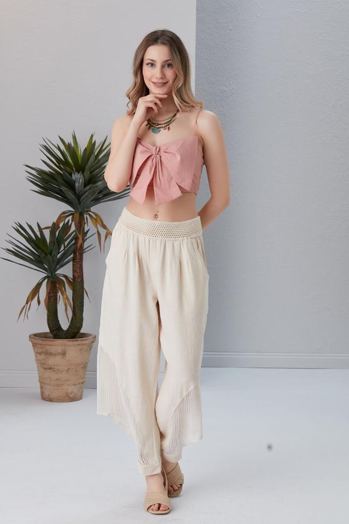 WOMEN ELASTIC WAIST BUTTON DETAIL COTTON TROUSER
