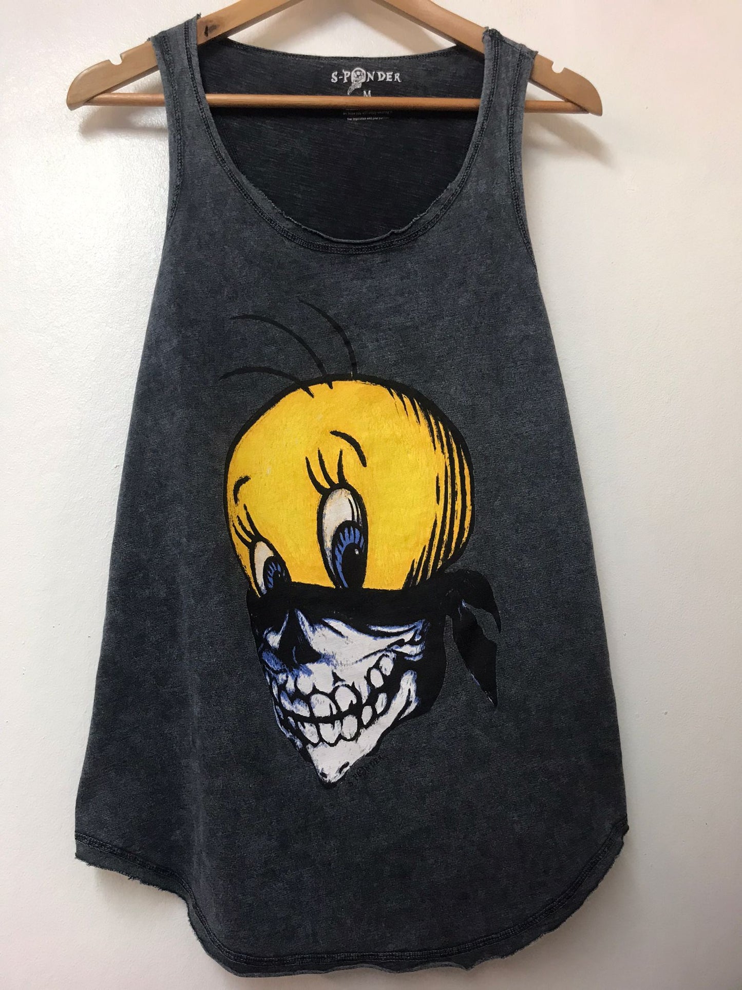 Anthracite Tweety Chick Print Stone Washed Women Top Tank