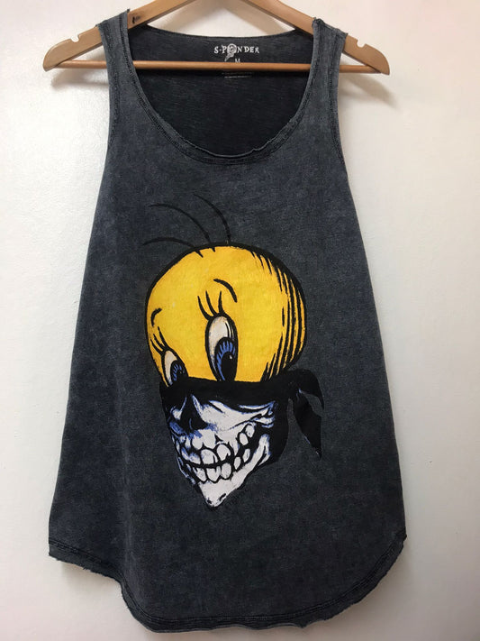 Anthracite Tweety Chick Print Stone Washed Women Top Tank