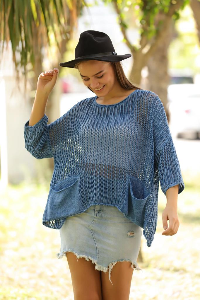 Fish Net Two Pockets  Cotton Knitted Pull over Women Jumper