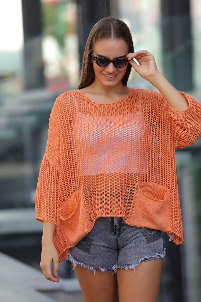 Fish Net Two Pockets  Cotton Knitted Pull over Women Jumper