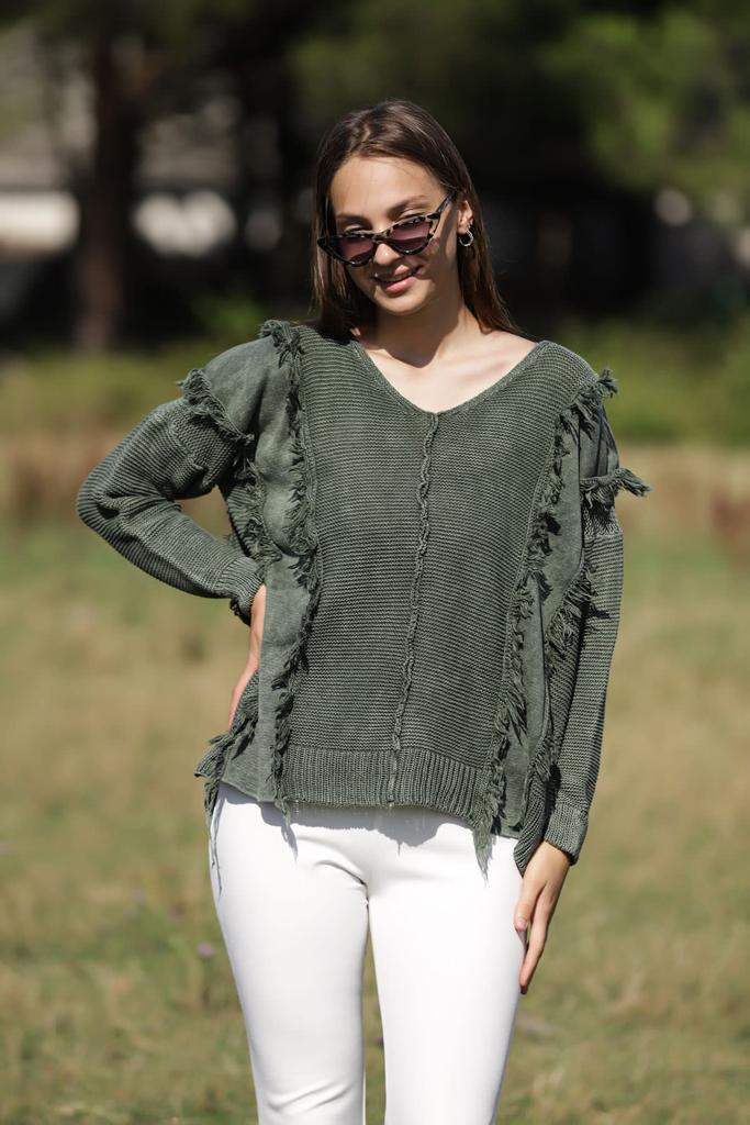 Deep Neck Frill Stone Washed Cotton Jumper