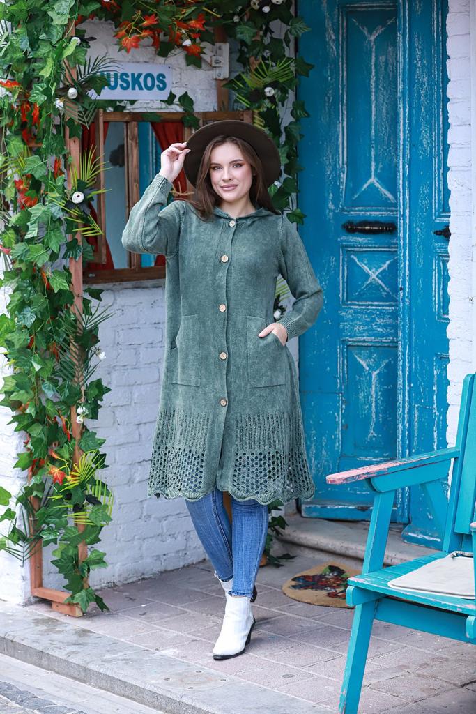 Stone Washed Cotton  Long  knitted Hoodie Cardigan