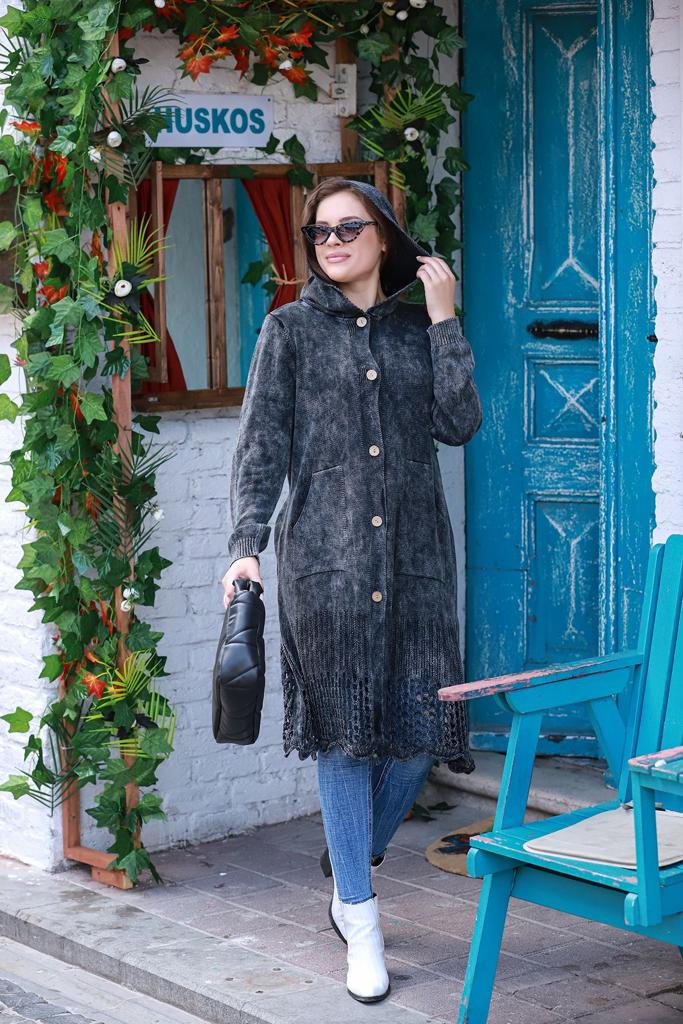 Stone Washed Cotton  Long  knitted Hoodie Cardigan