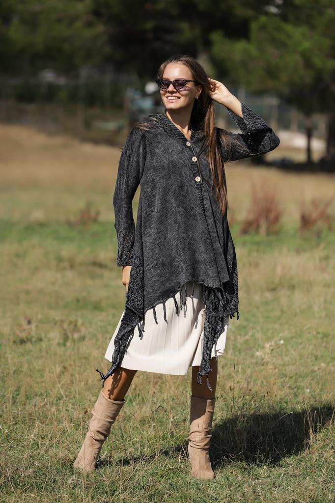 Fringe Long Hoodie Knitted  Cardigan