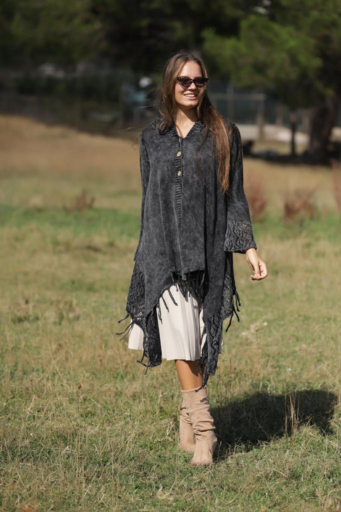 Fringe Long Hoodie Knitted  Cardigan