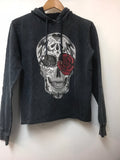 Anthracite Stone Washed  Rose & Skull Print Crop Top Hoodie