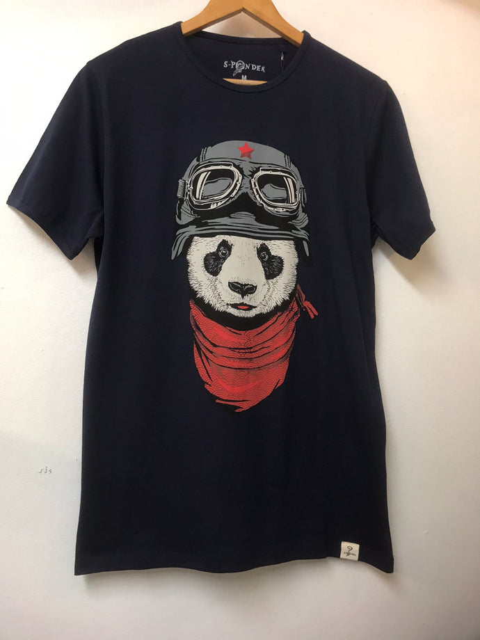 Panda Pilot Printed Cotton Men  Navy T-Shirt