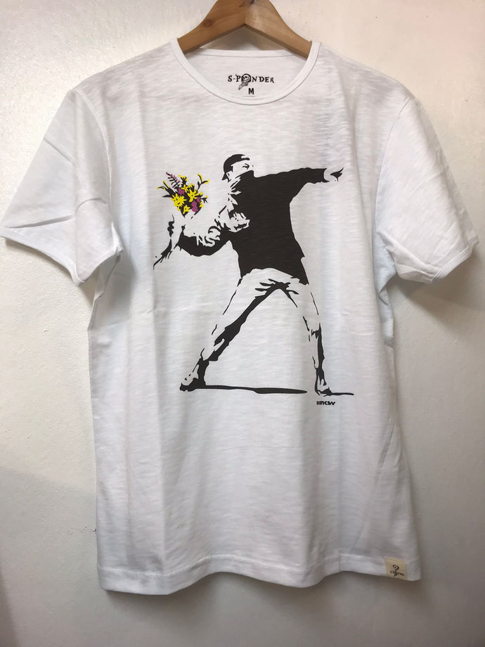 The Flower Bomb Thrower by Banksy Printed Cotton Regular  T-Shirt
