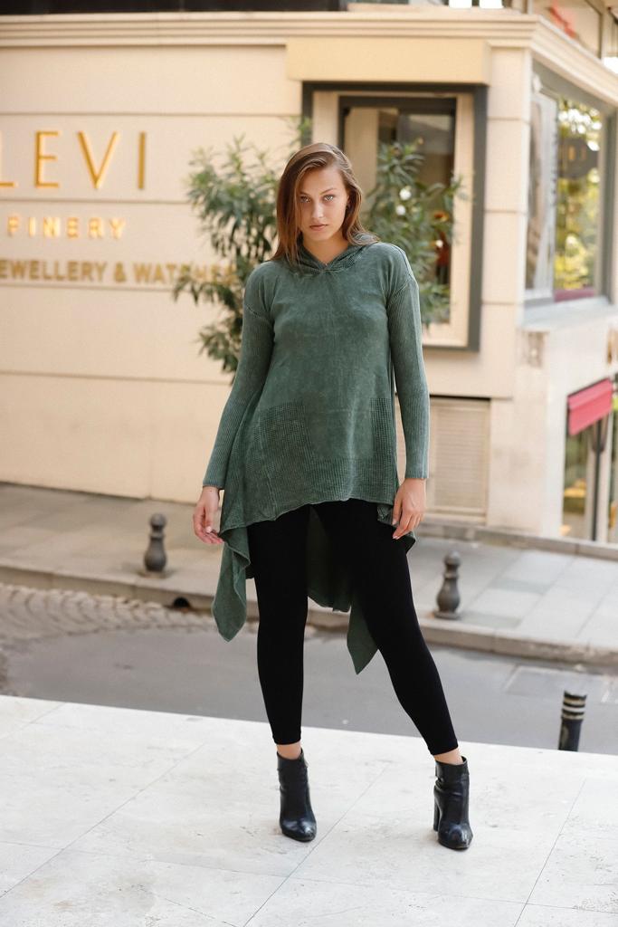 Irregular Hem Acid Washed Cotton Knitted Hoodie