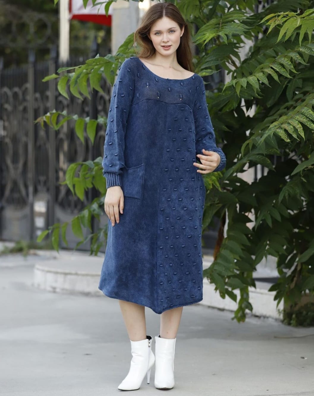 Acid washed cotton long Relaxed Detailed Dress