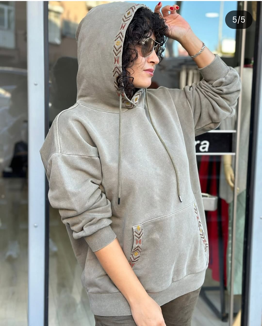 Stone Washed Embroidered Plain  Cotton Women Hoodie