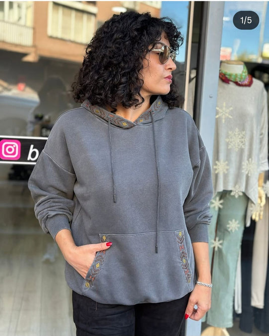 Stone Washed Embroidered Plain  Cotton Women Hoodie