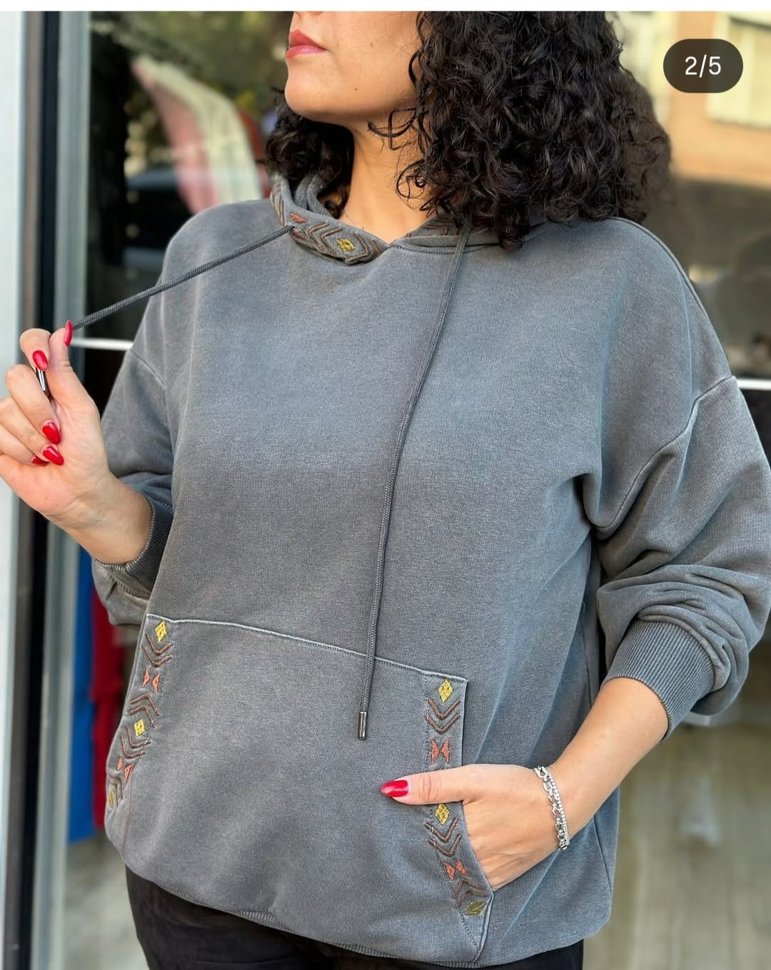 Stone Washed Embroidered Plain  Cotton Women Hoodie