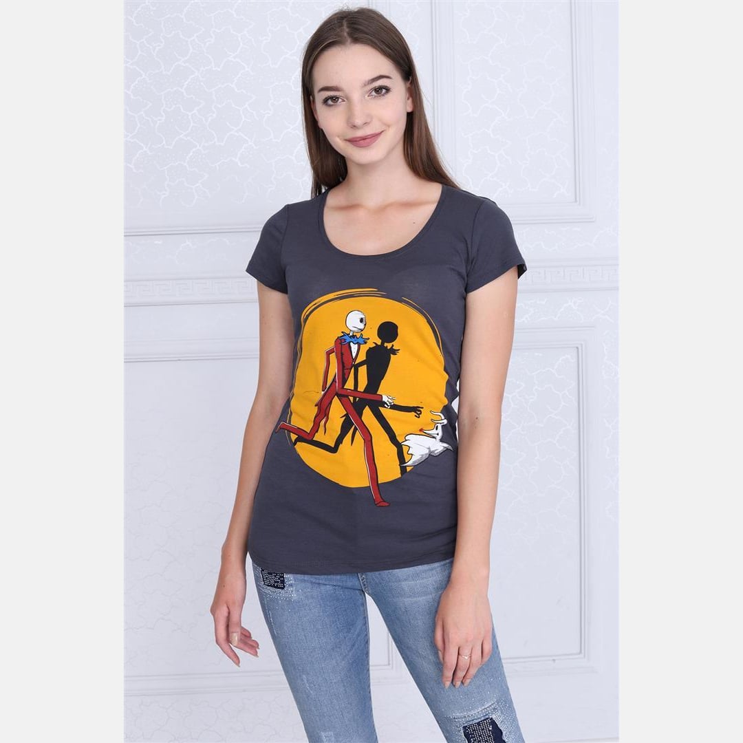 S-Ponder Anthracite Halloween Run Jack Skellington Cotton Women T-shirt Tee Top Nightmare Character