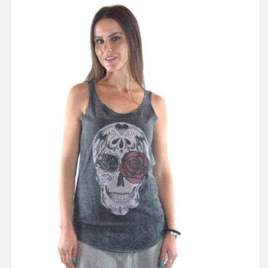 Anthracite Skull and Rose Print Cotton Women Vest Tank Top S-Ponder