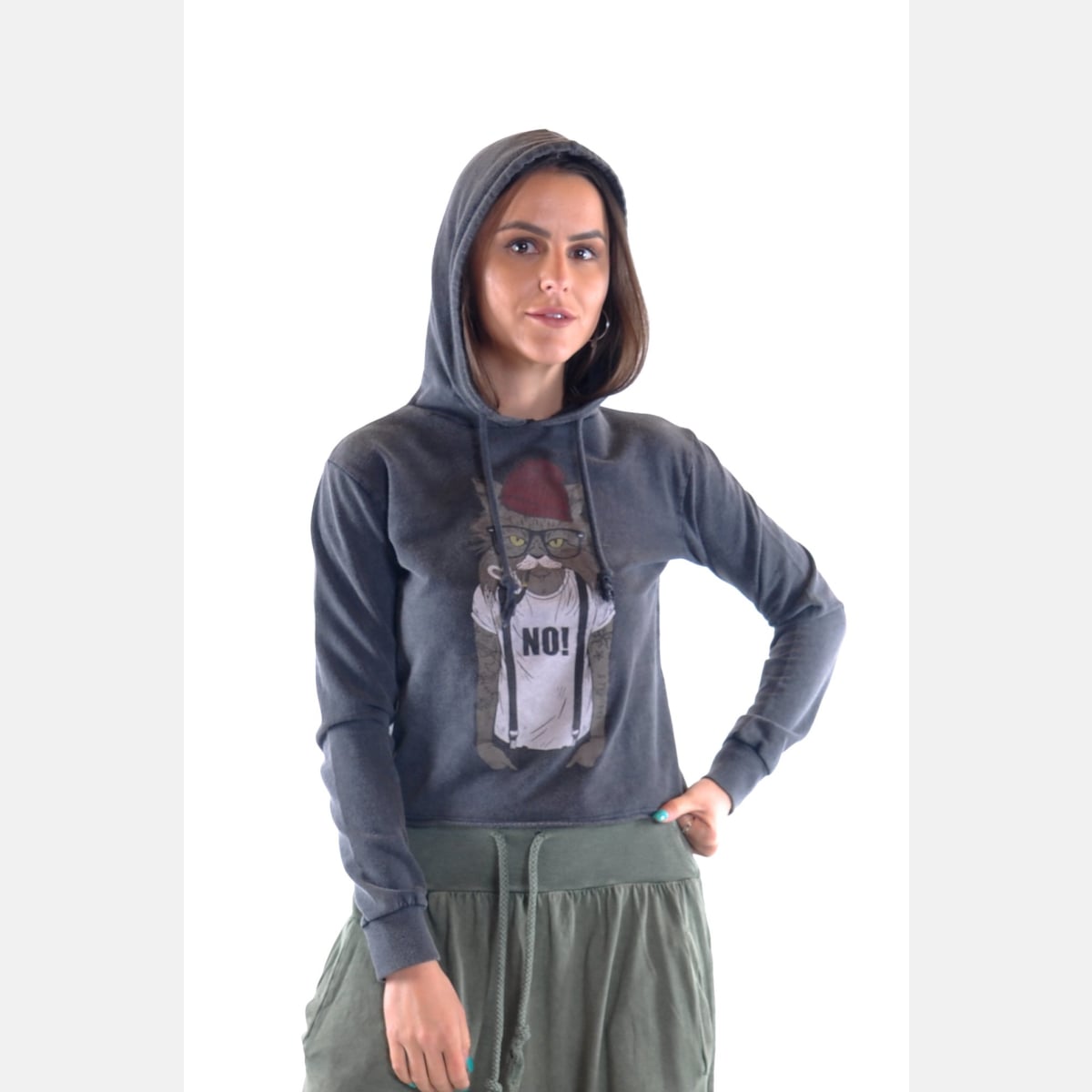 Anthracite Stone Washed Cat Animal Printed Cotton Women 