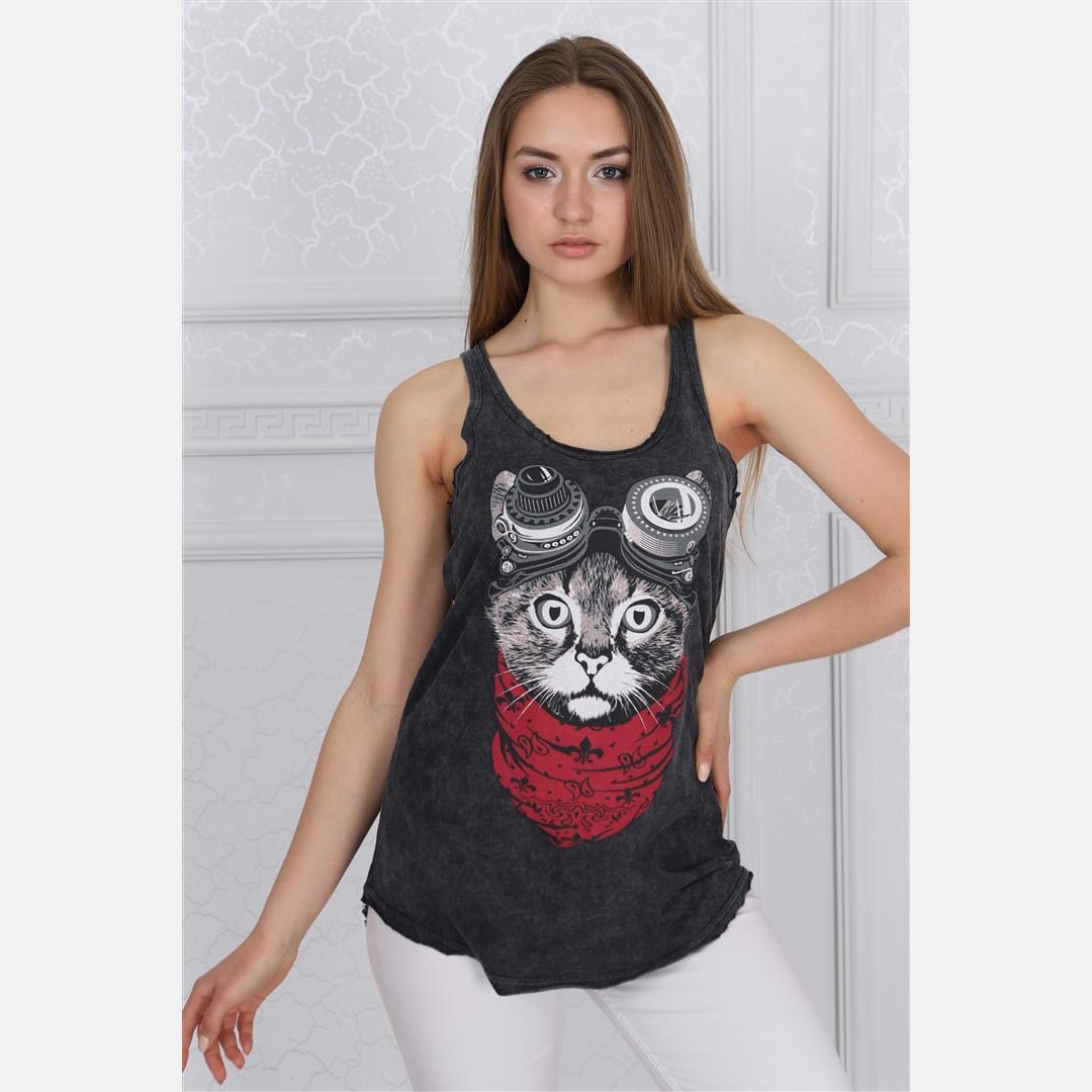 Anthracite Stone Washed Google Cat Animal Printed Cotton 