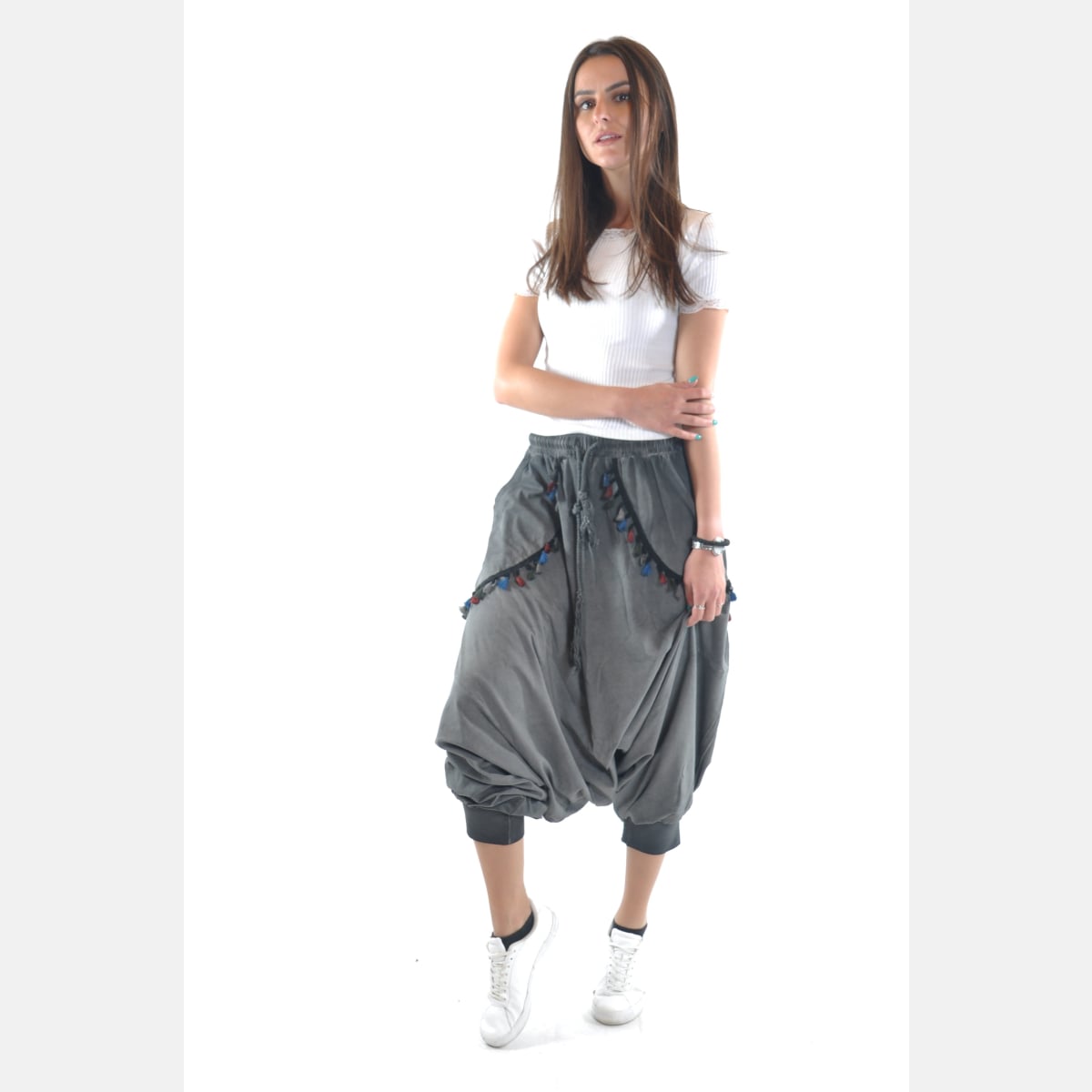 Anthracite Stone Washed Tasseled Harem Bohemian Cotton Women Trousers Pants Shalwar S-Ponder