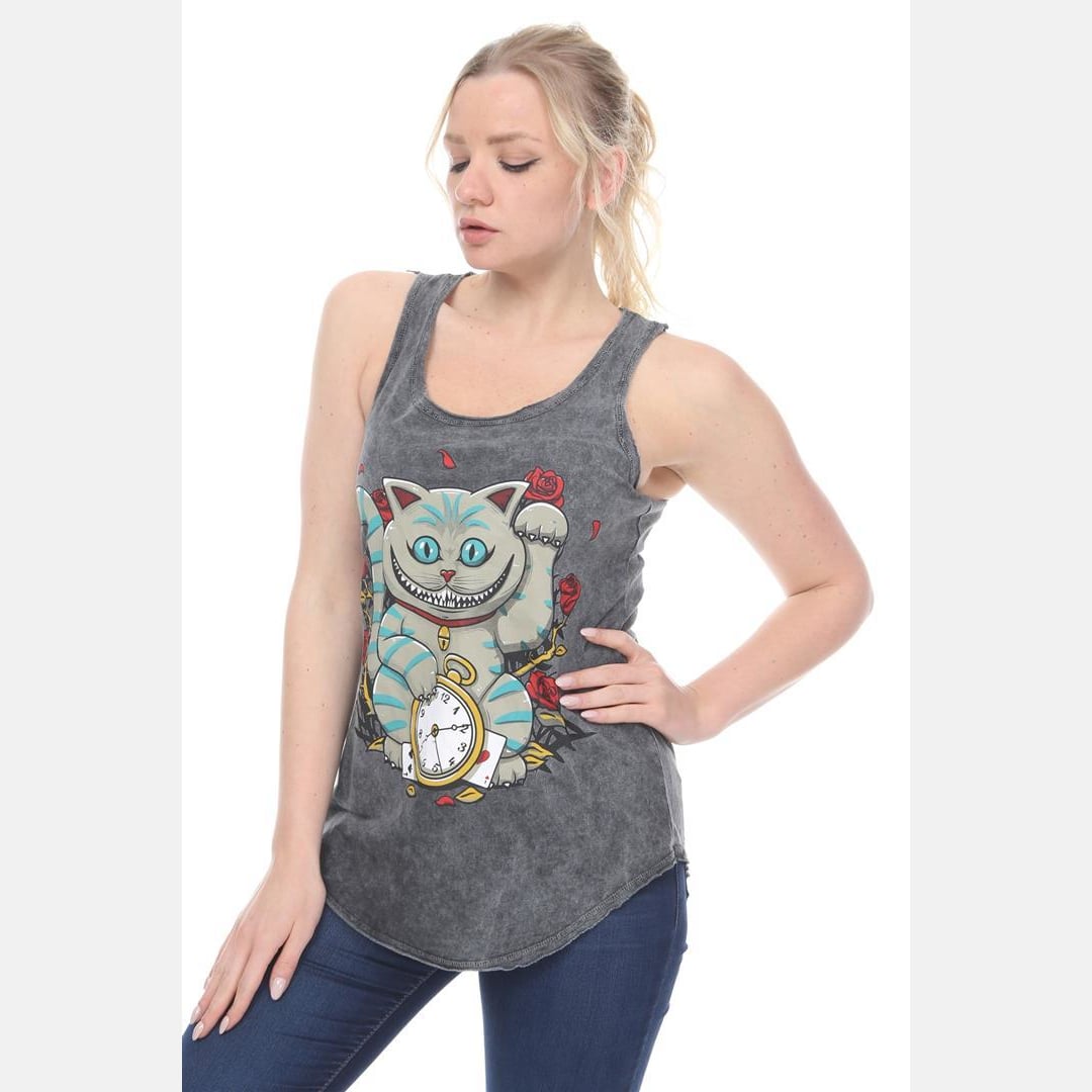 Anthracite Stone Washed Maneki Cat Animal Printed Cotton 