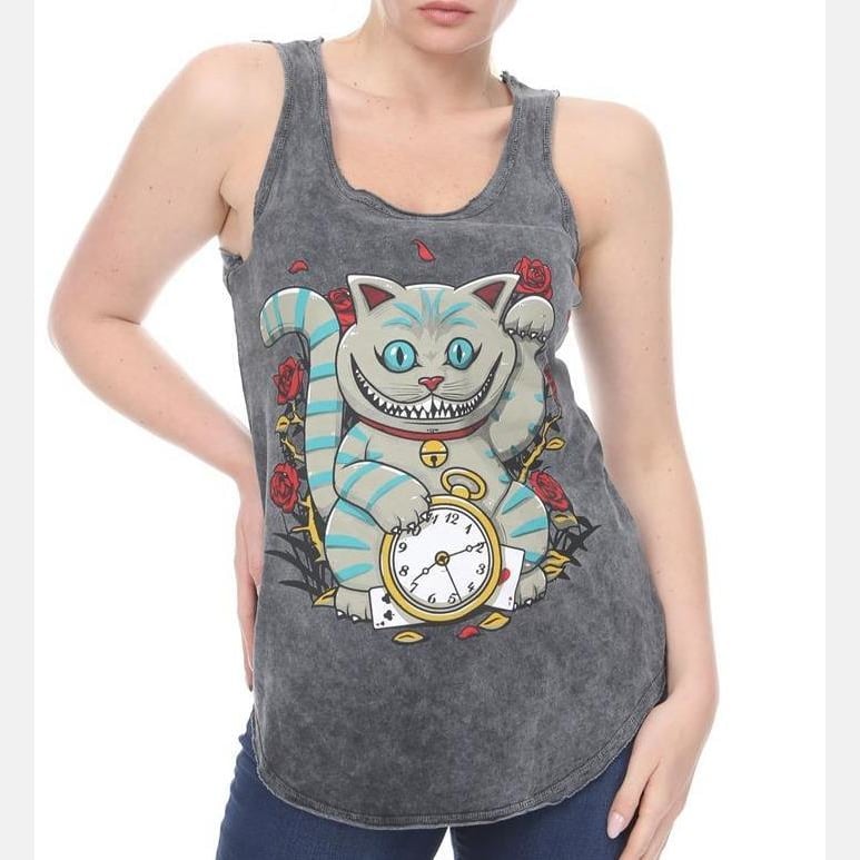 S-Ponder Anthracite Stone Washed Maneki Cat Animal Printed Cotton Women Vest Tank Top