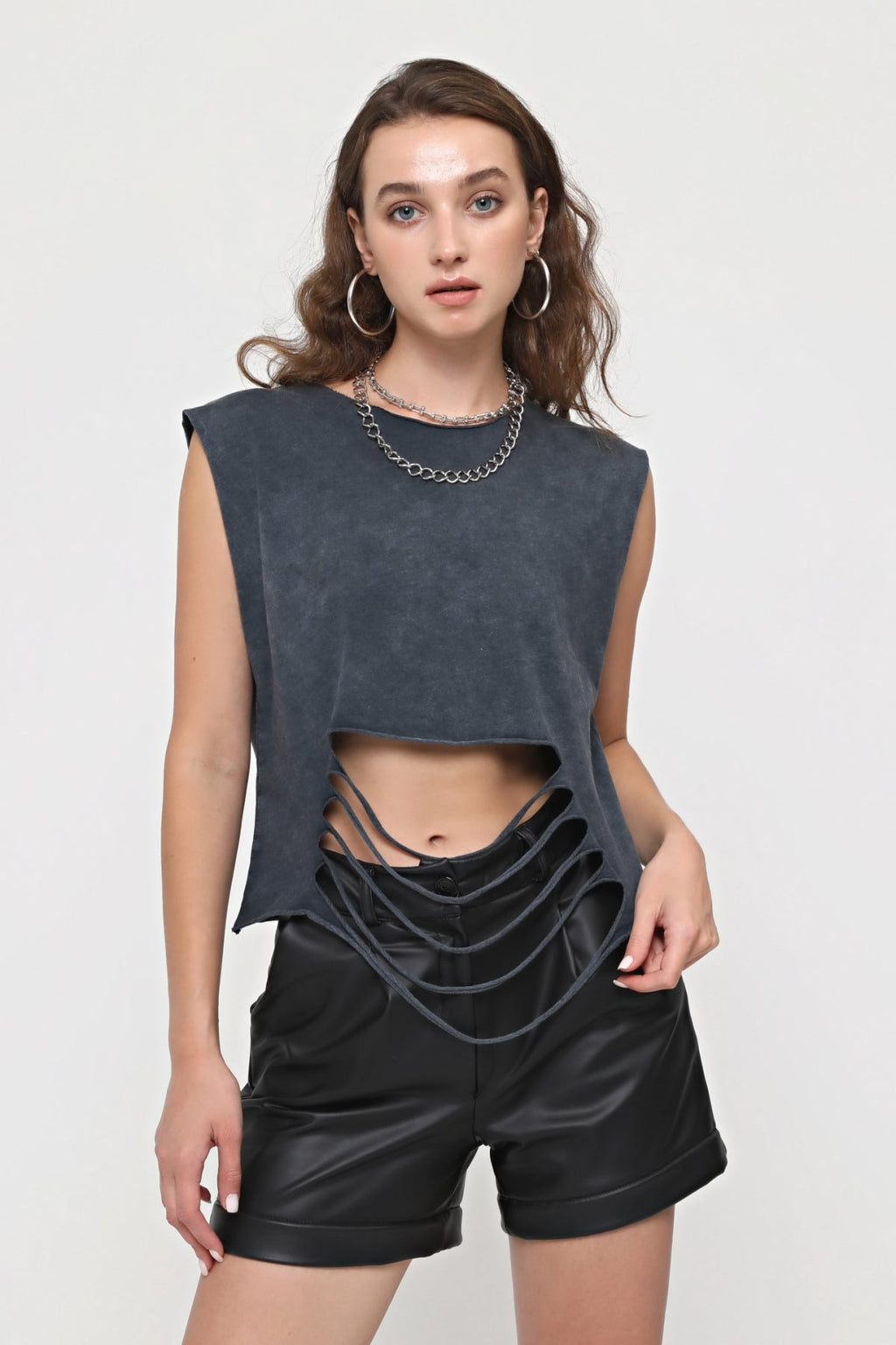 Plain Cut  Ripped Hem Crop Stone Washed Anthracite  Women Top Tank