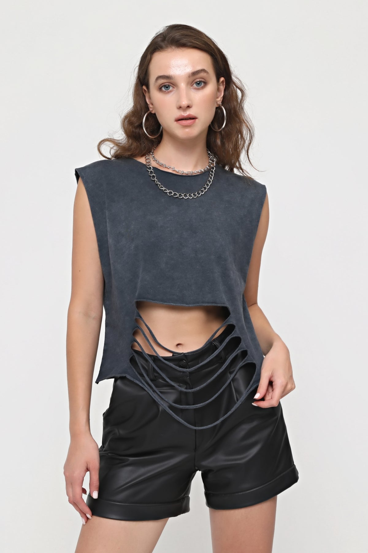 Plain Cut  Ripped Hem Crop Stone Washed Anthracite  Women Top Tank
